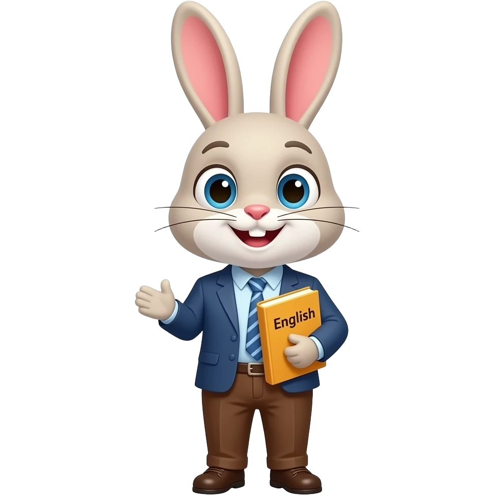 I want you to create a cute and effective emoji that looks like a rabbit who teaches English. The rabbit is holding an English textbook which has "English" on the title. emoji