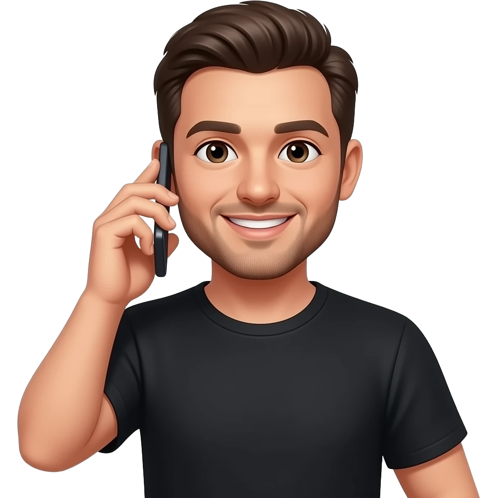 hombre de remera negra,con celular en mano,haciendo una llamada,en el rostro se refleja una sonrisa emoji