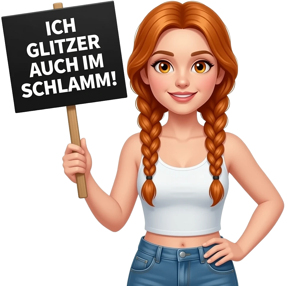 sexy girl with long ginger braids and ginger eyes wearing a white tanktop is holding a black sign with ICH GLITZER AUCH IM SCHLAMM! written on it emoji