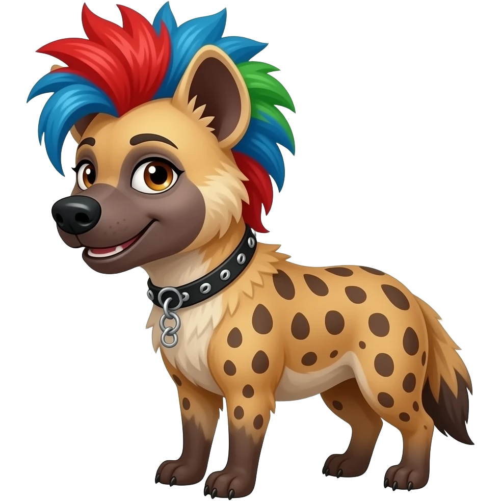 hyène femelle punk cheveux rouge bleu et vert qui fait coucou emoji