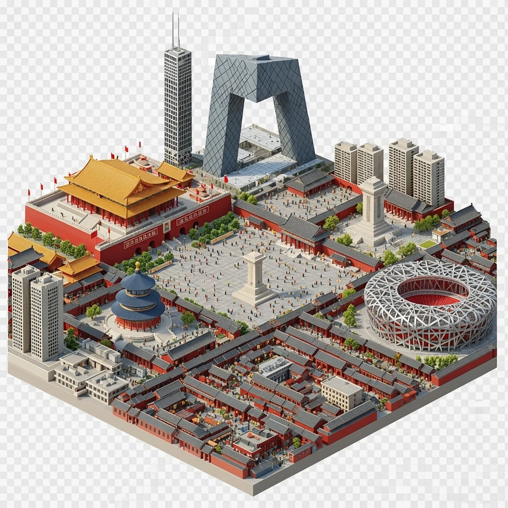 Isometric miniature of Beijing Forbidden City, Tiananmen Square, CCTV Headquarters, Temple of Heaven, Bird’s Nest Stadium and crowded hutong alleys, apartment blocks, 3D miniature effect and Tilt Shift effect, no cartoonish look, transparent background. emoji