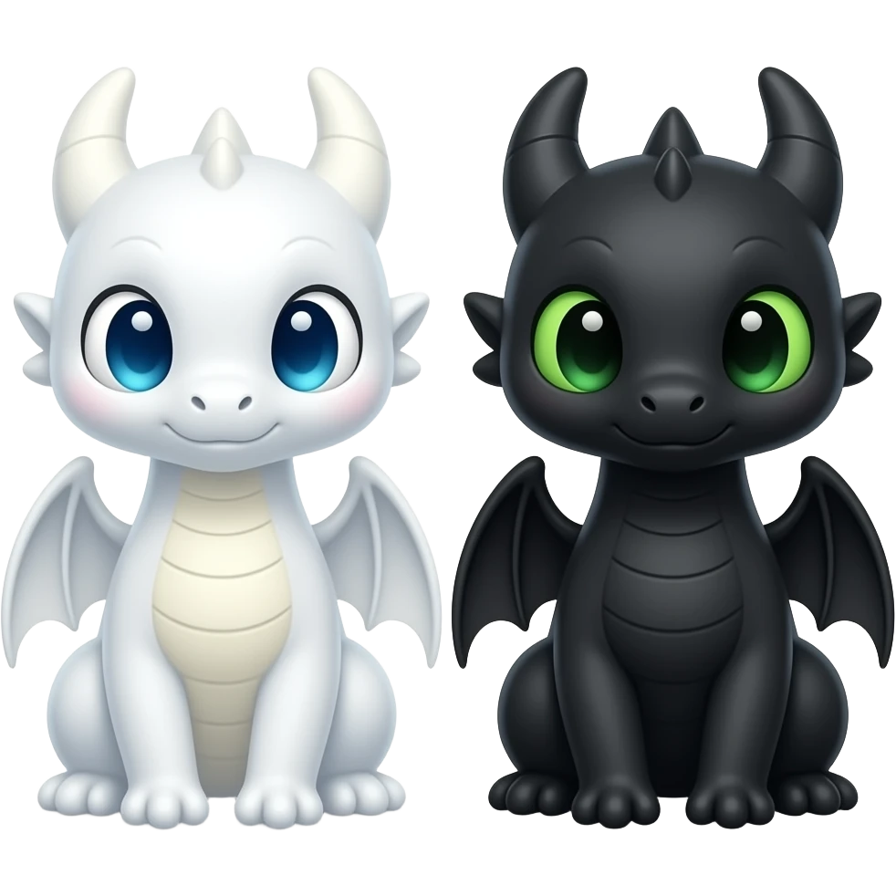 Two cute dragons (white (blue eyes) and black (green eyes)) sitting side by side, facing forward, big expressive eyes, small rounded bodies, folded wings. Apple iOS emoji style, soft 3D, glossy, minimal, centered, transparent background. emoji