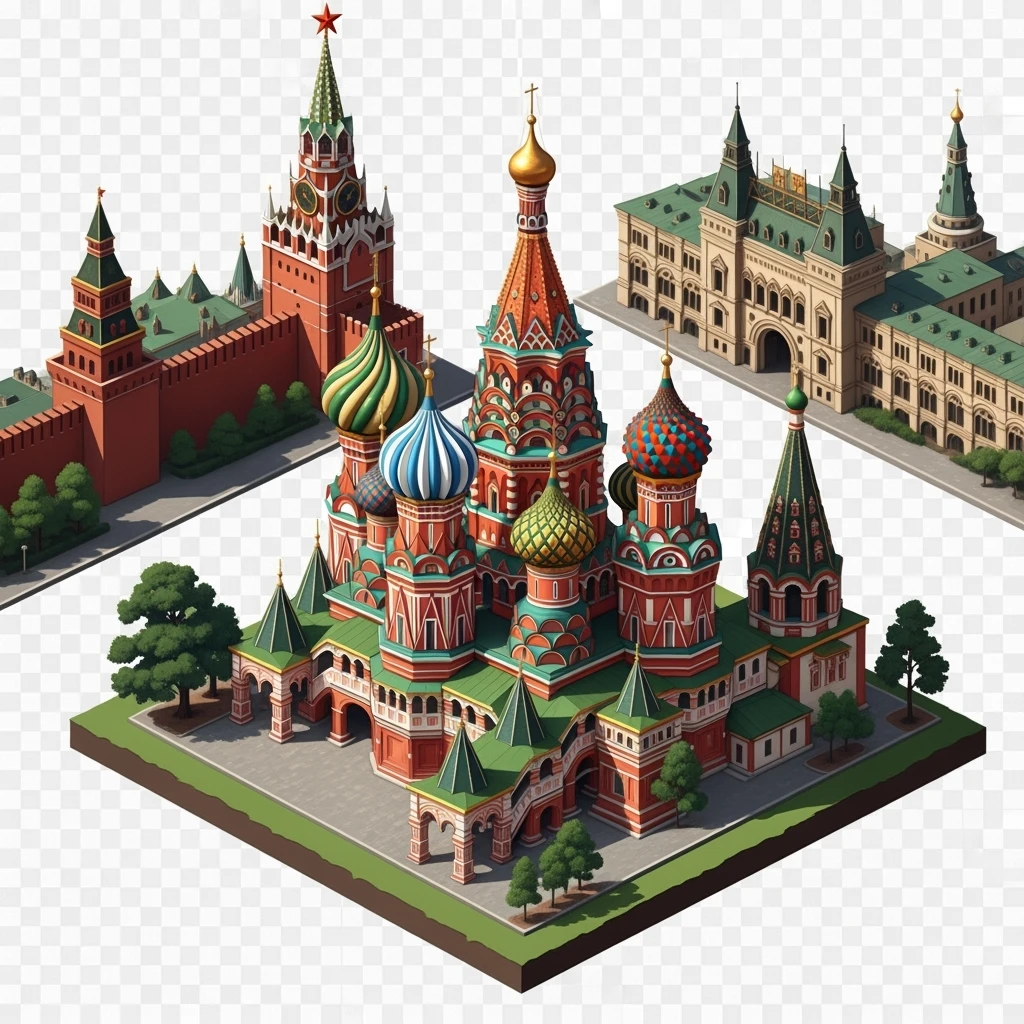 Isometric illustration of Moscow, featuring photorealistic Saint Basil's Cathedral with colorful onion domes, highly detailed in semi-realistic style, balanced between stylized and realistic, 3D miniature effect with a slight hand-painted touch - transparent background emoji