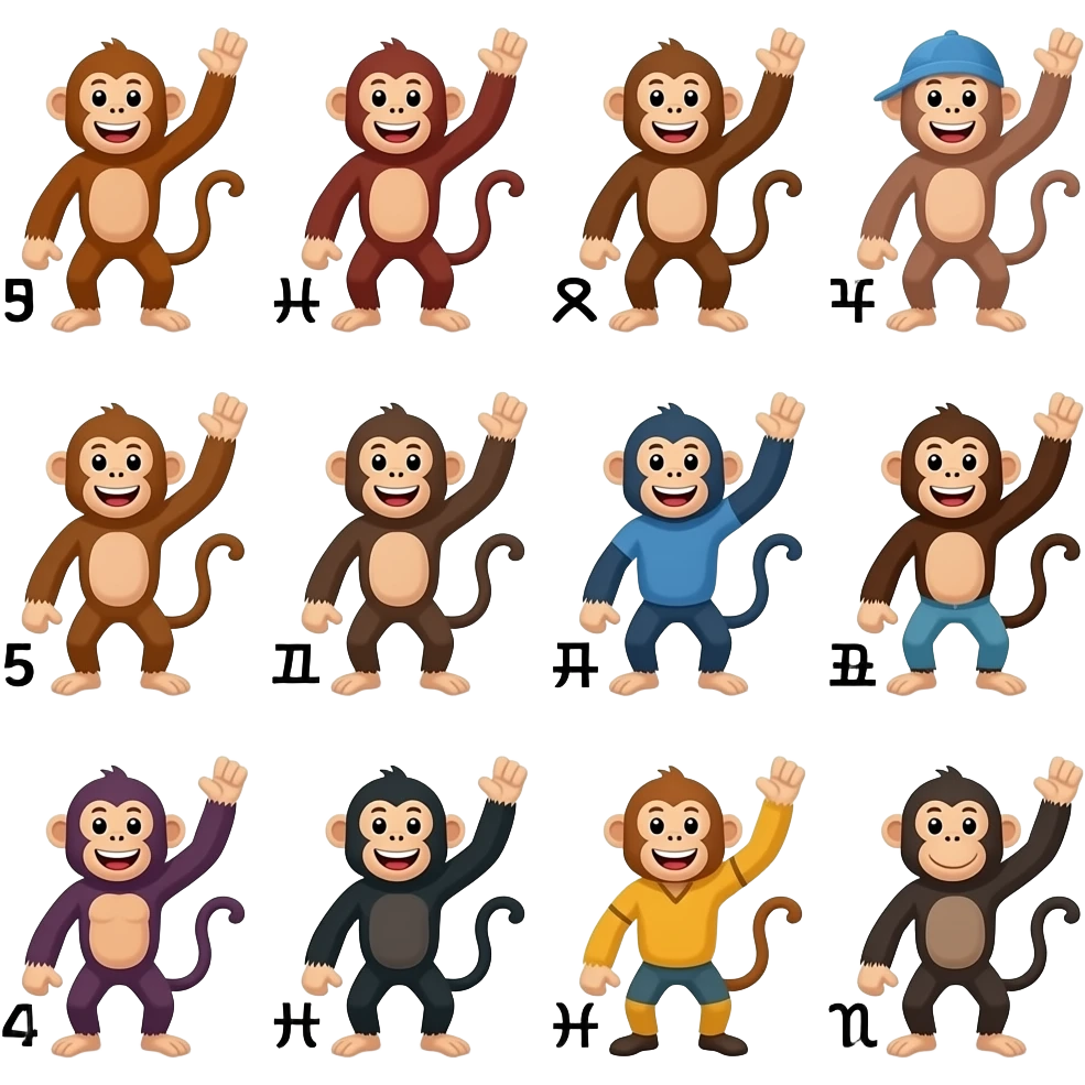 згенеруй мені 12 мавп, кожна різна, в різній позі, під кутом 45 градусів, в основному веселі, можуть використовувати різні атрибути, притаманні людям, але це мавпи, різного типу мавпи від орангутанга до шимпанзе  кожна характеризує собою знак зодіаку emoji