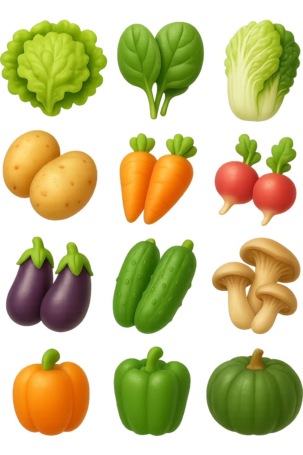 emoji stile iphone 3d di Lattuga, spinaci, cavolo cinese, cavolo nero
Patate, carote, rape, ravanelli
Melanzane, cetrioli, peperoni verdi
Funghi ostrica
Zucca kabocha
 che fluttuano in aria, iperealistico 4k emoji