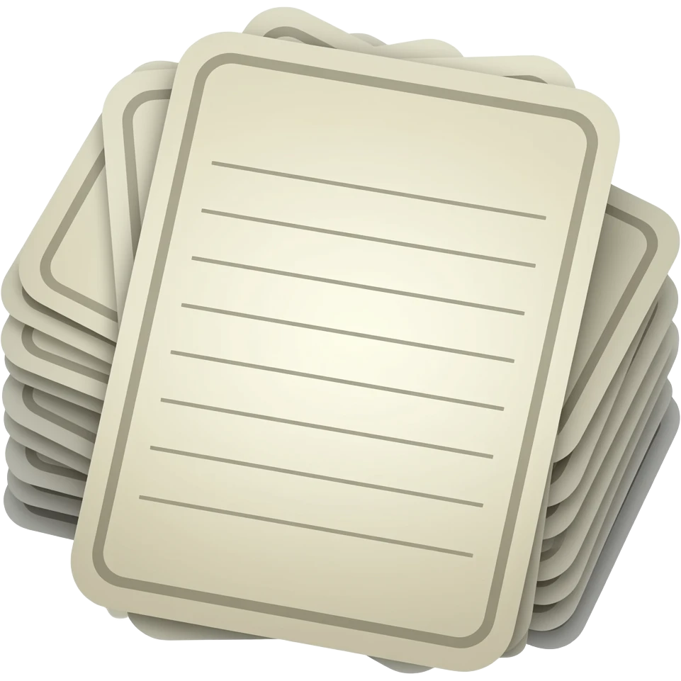 Conjunto de cartões de estudo organizados em pilha, com o cartão frontal exibindo conteúdo simplificado (linhas ou pergunta), enquanto os demais aparecem parcialmente atrás. Simboliza aprendizagem ativa, repetição espaçada e técnicas modernas de memorização. emoji