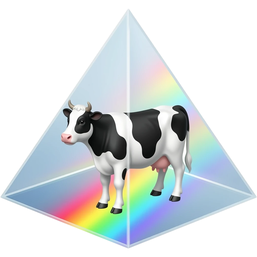 a black and white cow stands inside a glass pyramid floating in space and shining with rainbow colors - refraction of light emoji