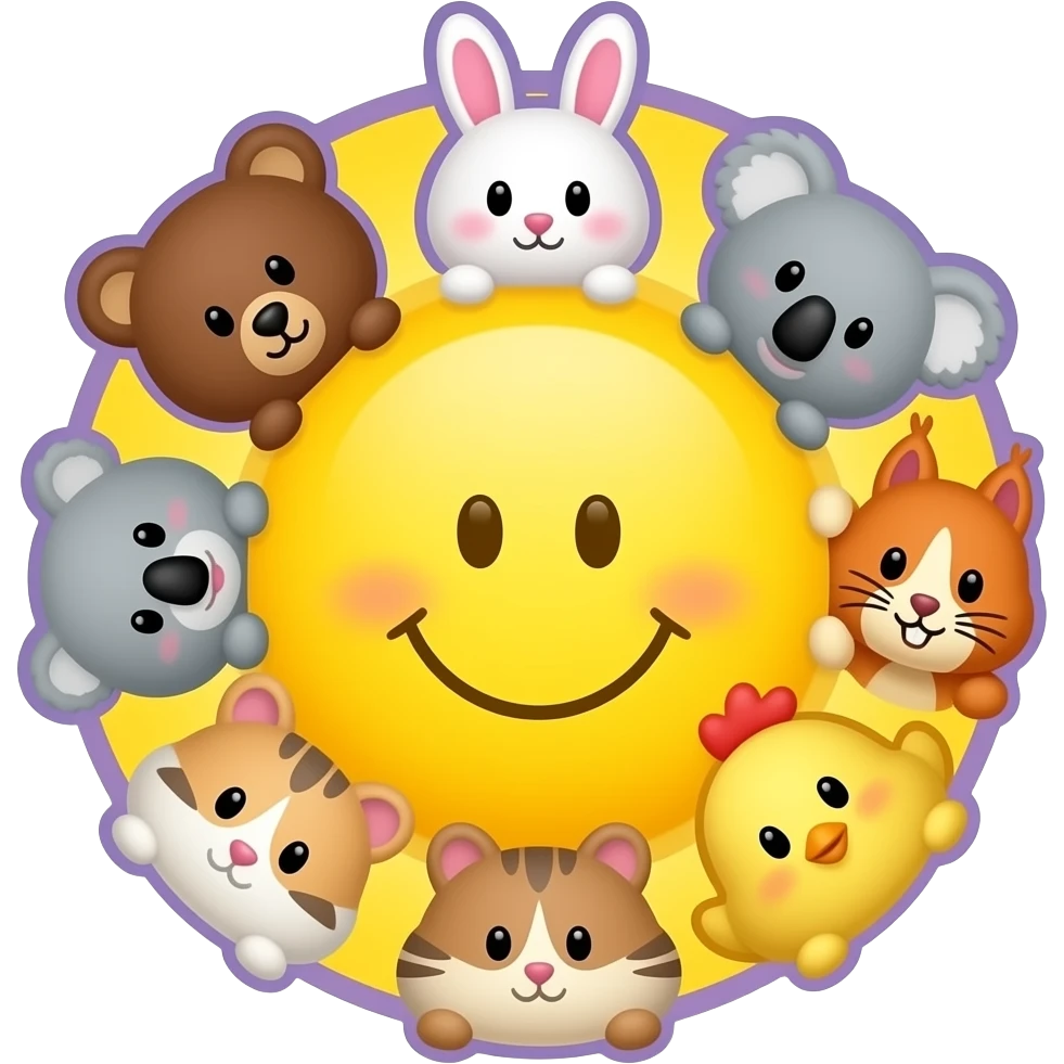 Smaller  Yellow Smiley in the centre,with space to write around the smiley, circle form ,serrounded by the head only of these symbol 🐻🐰🐨🐈🐹🐿🐥 Small size. Bright yellow background, 2 light purple outlines emoji