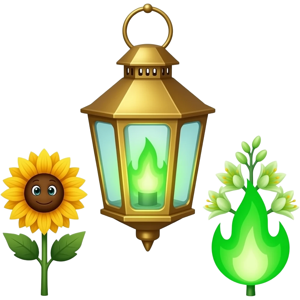 A golden hanging lantern with a bright emerald flames, an empty loop on top, fae themed sunflowers on the left and fully bloomed asphodels on the right as part of the design, but simple focus more on the green flames, paint the glass more green, have its bottom point come to some sort of point emoji