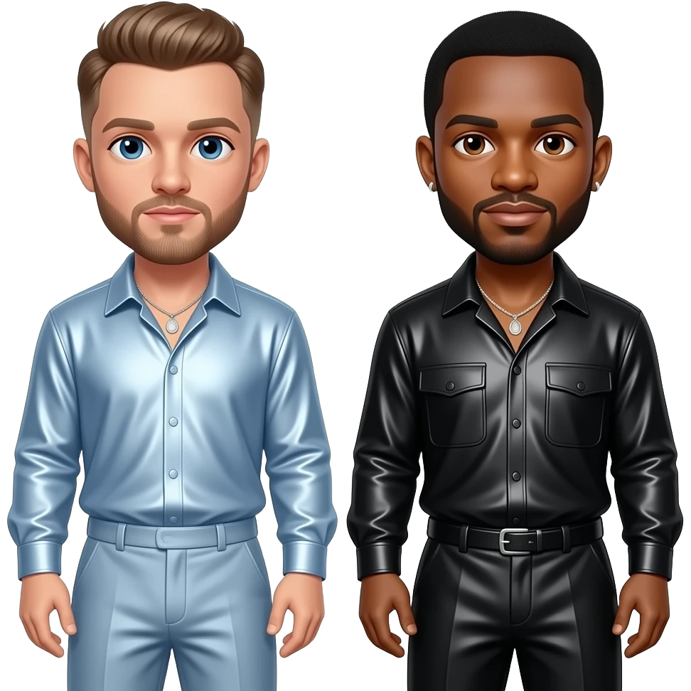 Justin Timberlake with blue eyes, light brown hair, baby blue metallic shirt and baggy pants, necklace, Timbaland with brown eyes, black hair, black metallic shirt, black metallic baggy pants, necklace and short earrings emoji