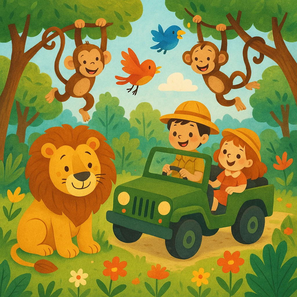 digital illustration of jungle safari in the style of children's story book emoji