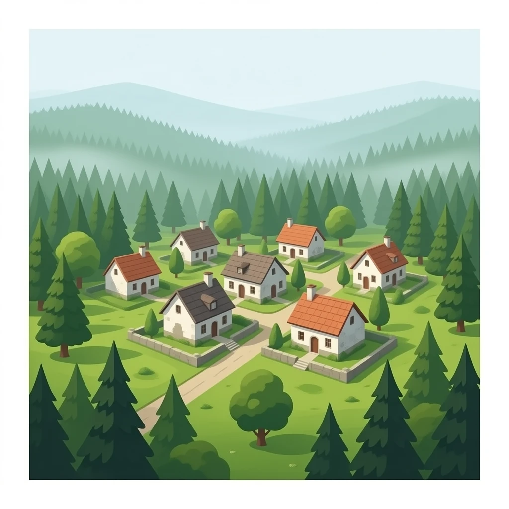 un pueblo que se vea des de arriba i que este en medio del bosque i que las casas sean antiguas emoji