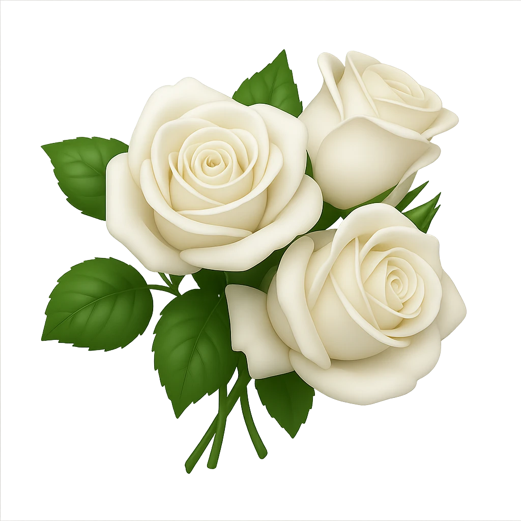 Create a 3D illustration of a bouquet of three white roses with leaves in the style of iOS Apple emojis, featuring volumetric petals and realistic leaves, on a transparent square background. The style should reflect the detailed and polished look of Apple emojis with a 3D effect. emoji