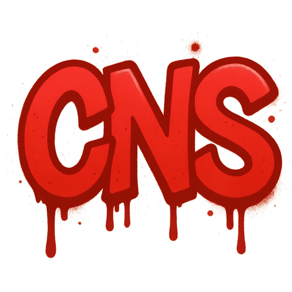 Сделай красное граффити с надписью "CNS" в стиле emoji iOS без фона emoji
