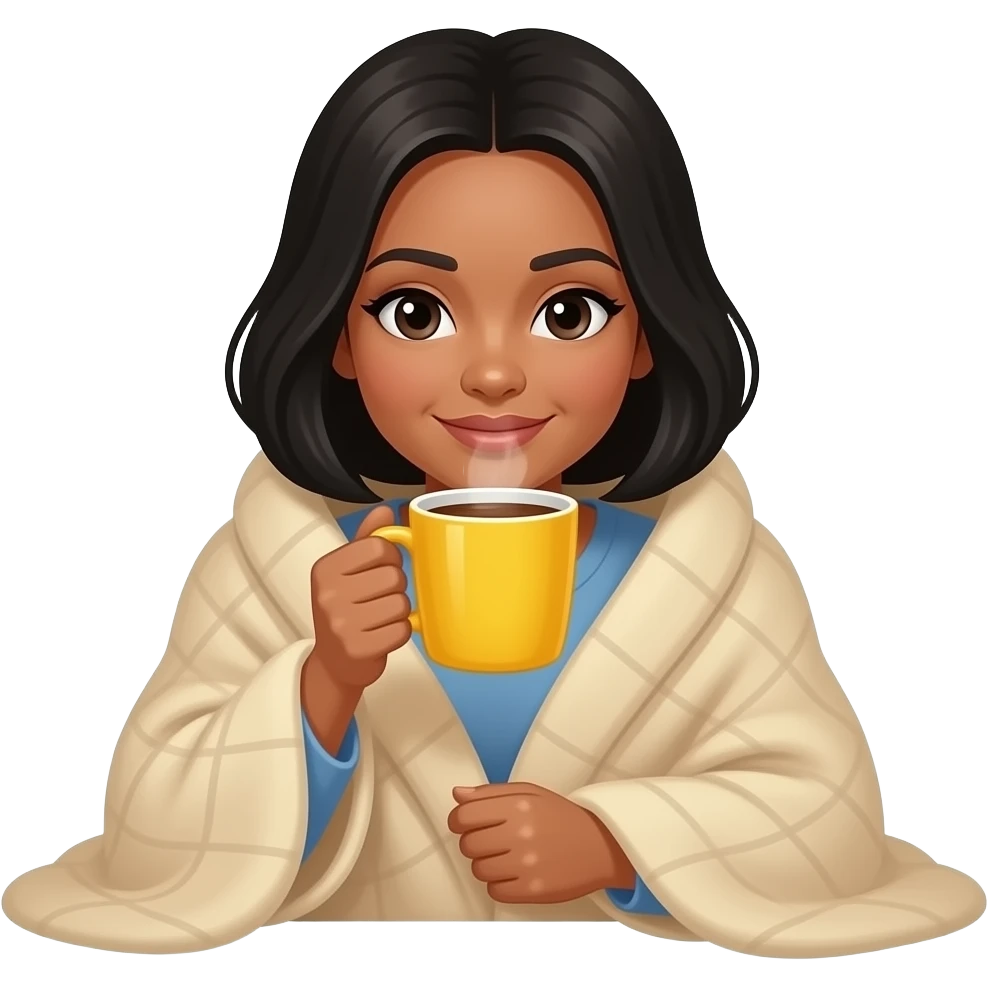 A white woman with black hair, with a large beige blanket, drinking coffee in a yellow mug, cozy and peace, iPhone emoji style emoji