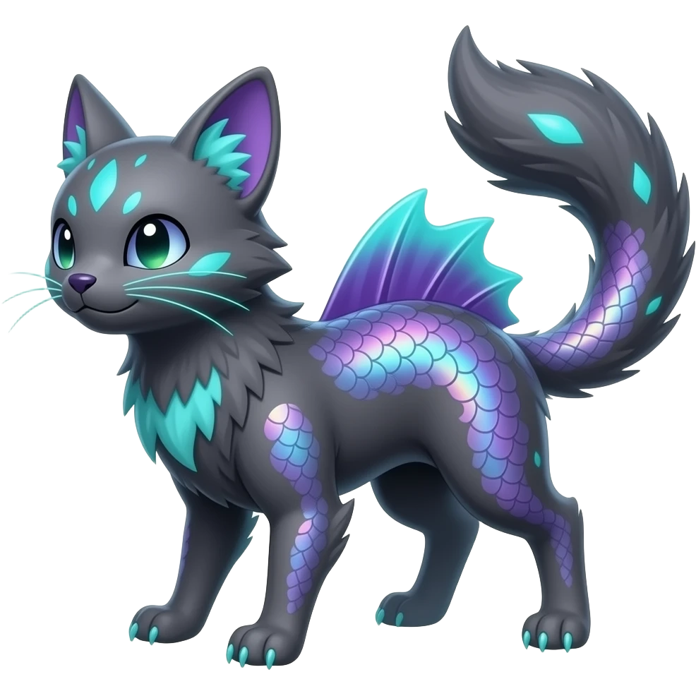 Realistic iridescent-scaled slim smooth shiny glossy elegant bioluminescent dull, furry oil-dark greyish, purplish, neon-cyan-accented, back-finned, abyss-fantasy-Zorua-Vaporeon-Sprigatito-Absol-Lykoi-Civet-Fakémon-fusion, with thin neon-glowing bulb-whiskers, koi-piebald-flecked full body emoji