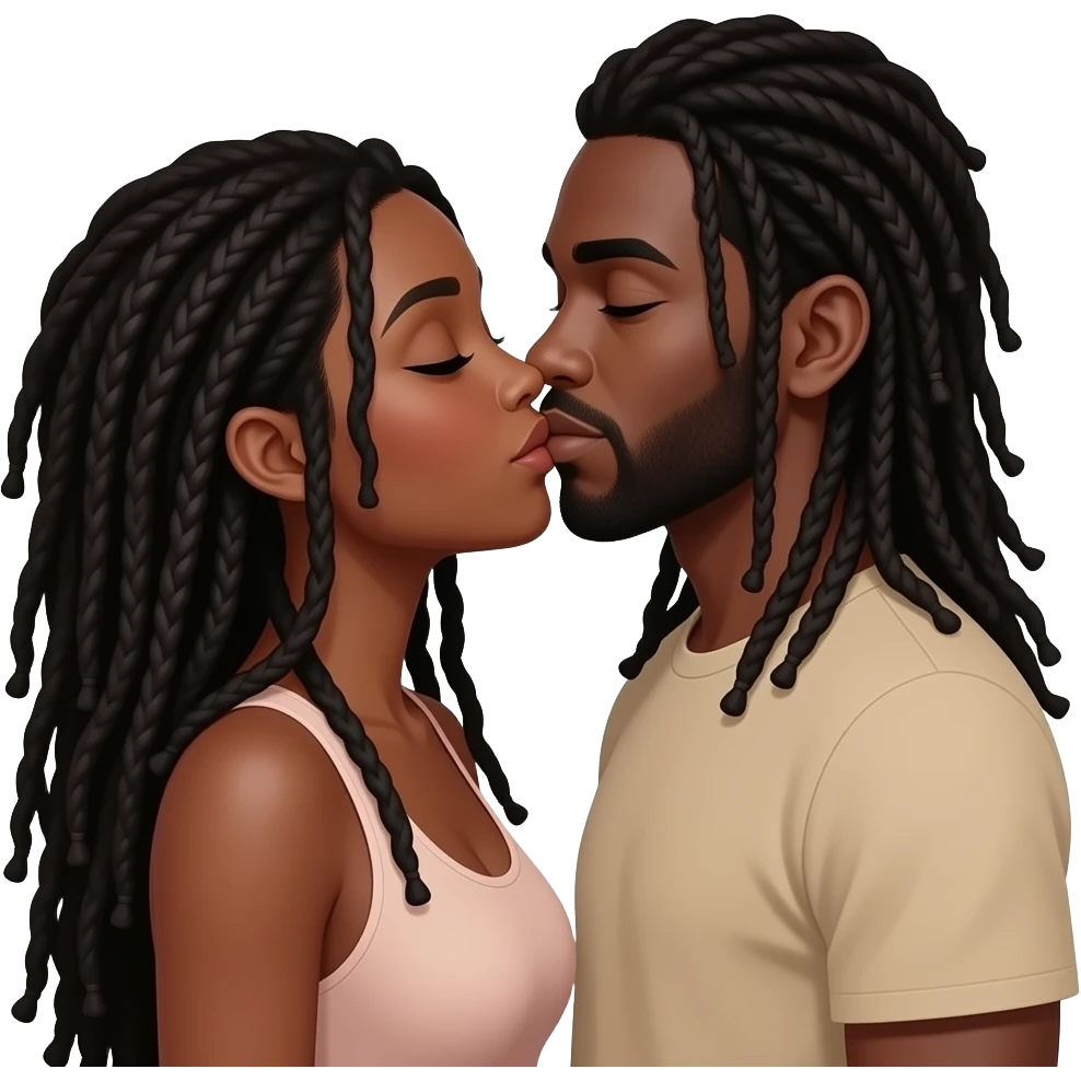 Dark Brown skin woman with long black dreadlocs kissing light brown skin black man with really long black dreadlocks emoji