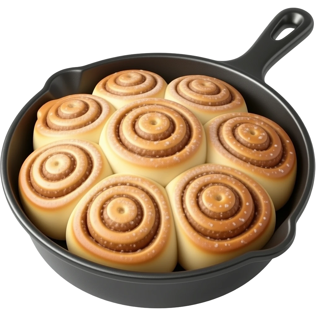 مقلاة لفائف القرفة: مقلاة حديدية سوداء تحتوي على لفائف القرفة المخبوزة (Cinnamon Rolls) وعليها طبقة من السكر أو القرفة. emoji