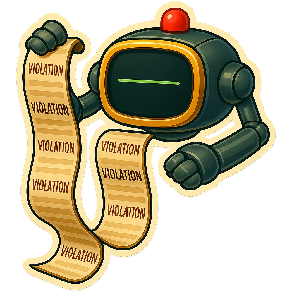 auditor robot prints out violations from a visible slot.  no legs. the robot hovers emoji