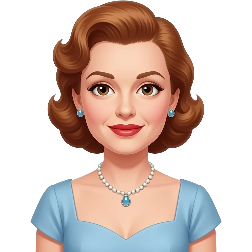 Judy Garland with brown eyes, auburn 40s hair, light blue hollywood dress, necklace and earrings emoji