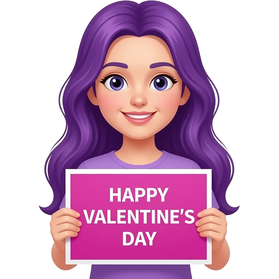 girl with long purple hair with a HAPPY VALENTINE'S DAY sign emoji