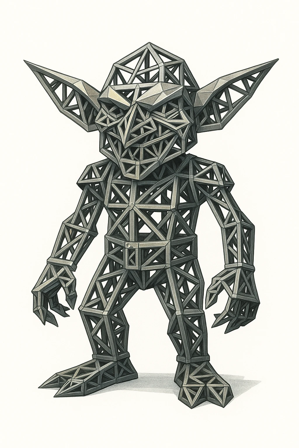 a whimsical full body goblin made of metallic architectural truss structures, geometric, detailed, white background emoji
