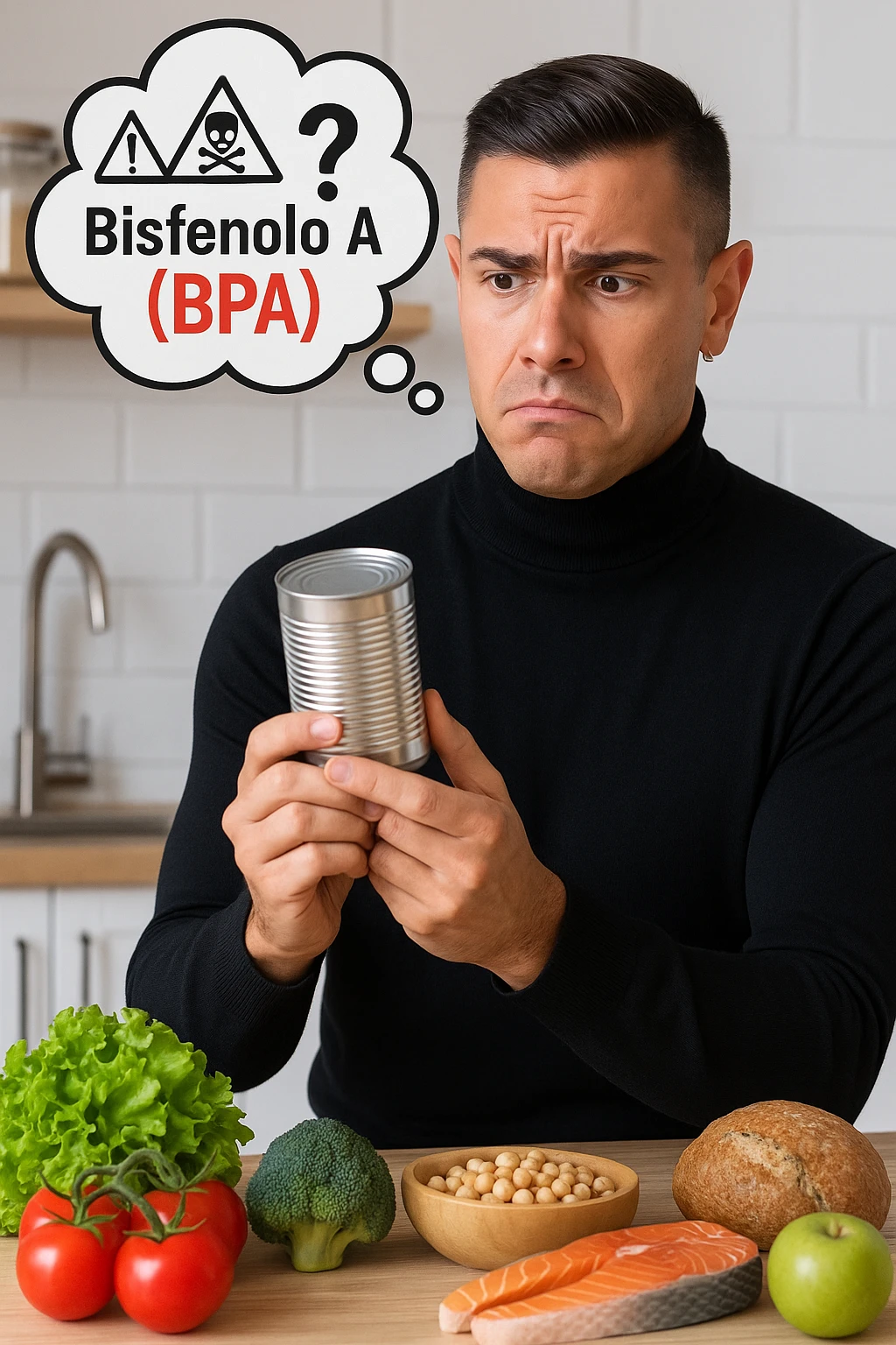 un uomo in cucina tiene in mano una lattina di cibo in scatola, osservandola con un’espressione preoccupata e scettica. Sopra la lattina, una nuvoletta di pensiero mostra la scritta “Bisfenolo A (BPA)” evidenziata in rosso, insieme a simboli di allarme o un punto interrogativo. Sullo sfondo, alimenti freschi e naturali sono visibili sul tavolo, sottolineando la sua preferenza per alternative più sane. emoji
