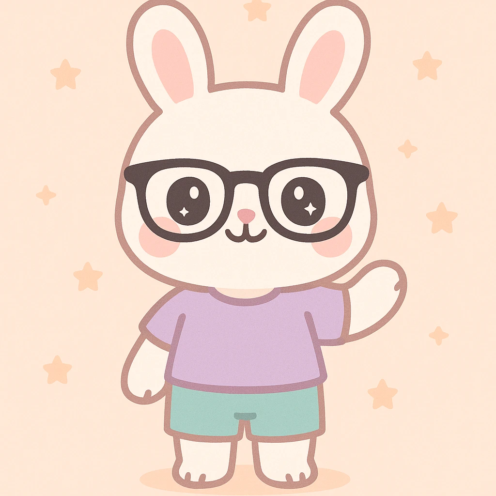 conejo blanco kawaii de pie, gafas RayBan, ropa casual cool, sin zapatos, sonriendo y haciendo gesto de bienvenida emoji