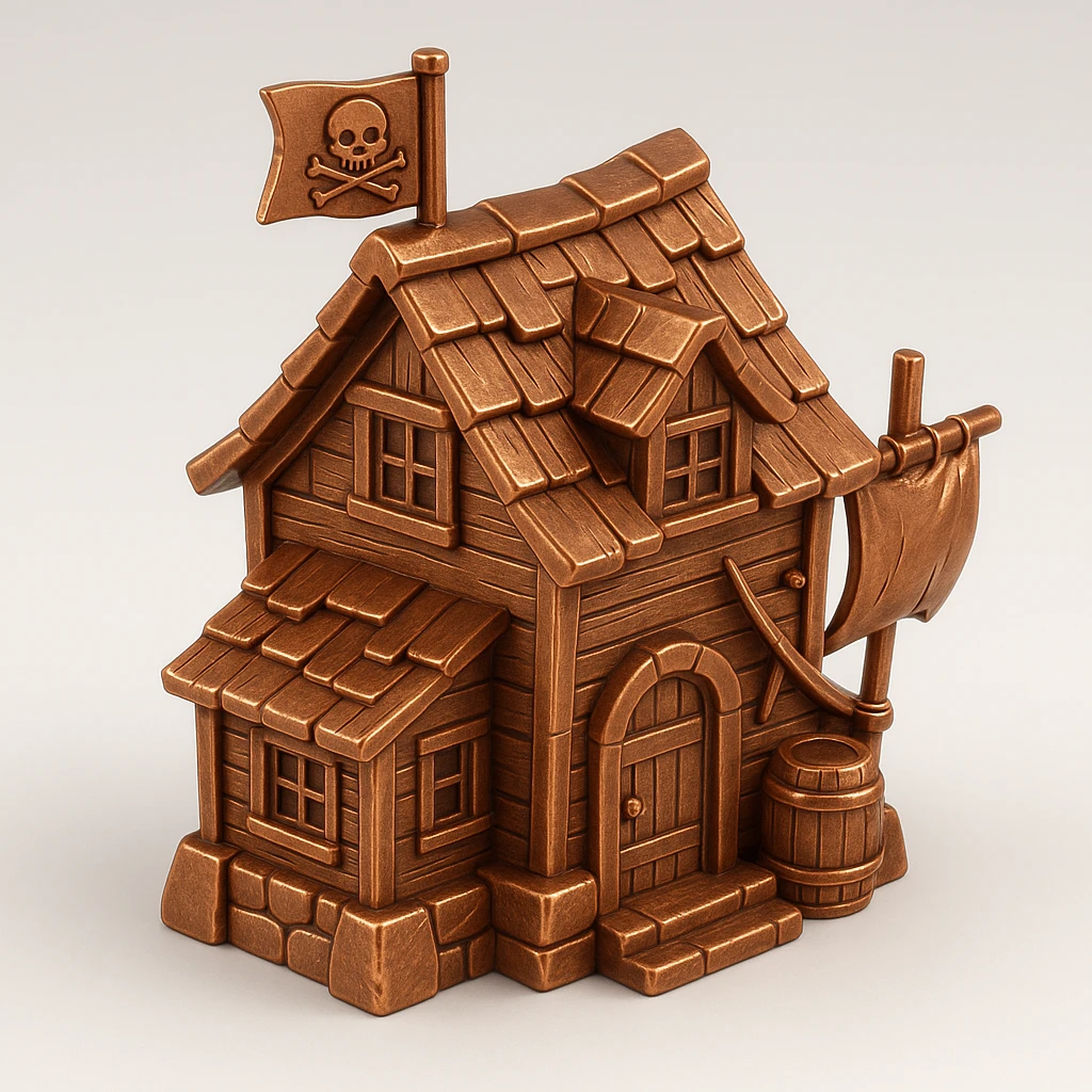 old pirate's house with skull flag emoji