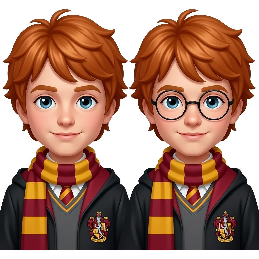 Fred and George Weasley emoji, Apple style, clean 3D, soft gradients, teenage twin boys age 15–16, identical red hair, mischievous expressions, Gryffindor accents, minimal icon, centered, white background, high detail emoji