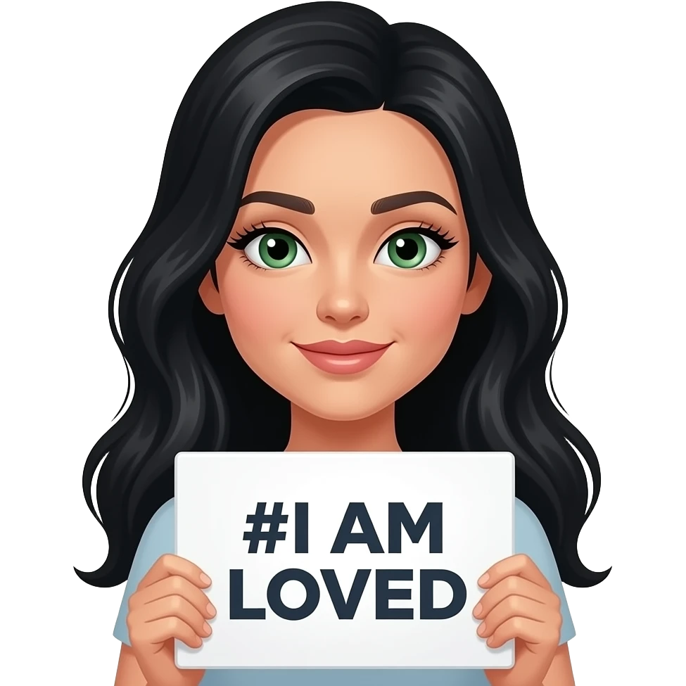 A beautiful woman with long black hair and green eyes and pale skin and long eyelashes holding a sign saying “#I AM LOVED” emoji