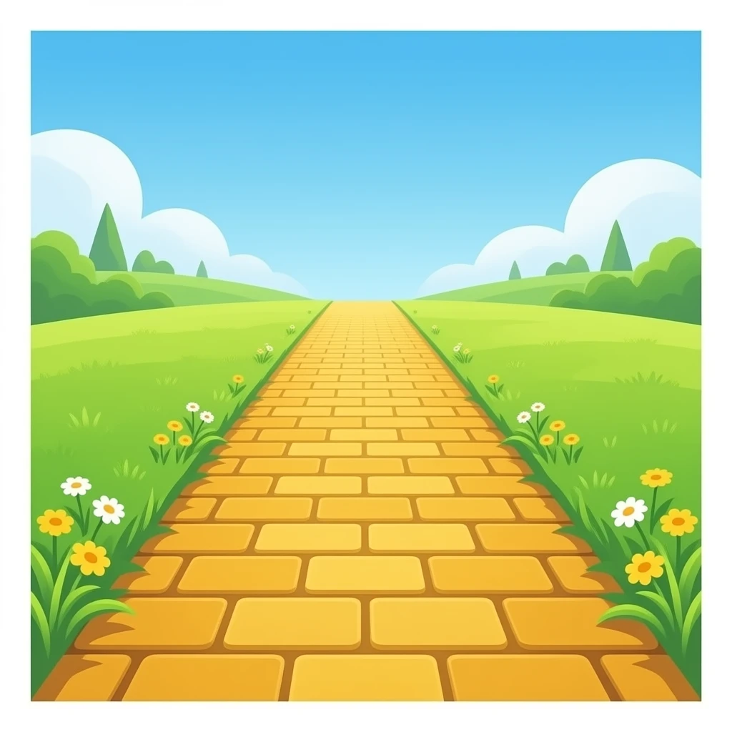 simple yellow brick road that goes out to the distance, curving left and right. no sky. just the yellow brick road. Keep it light on details emoji