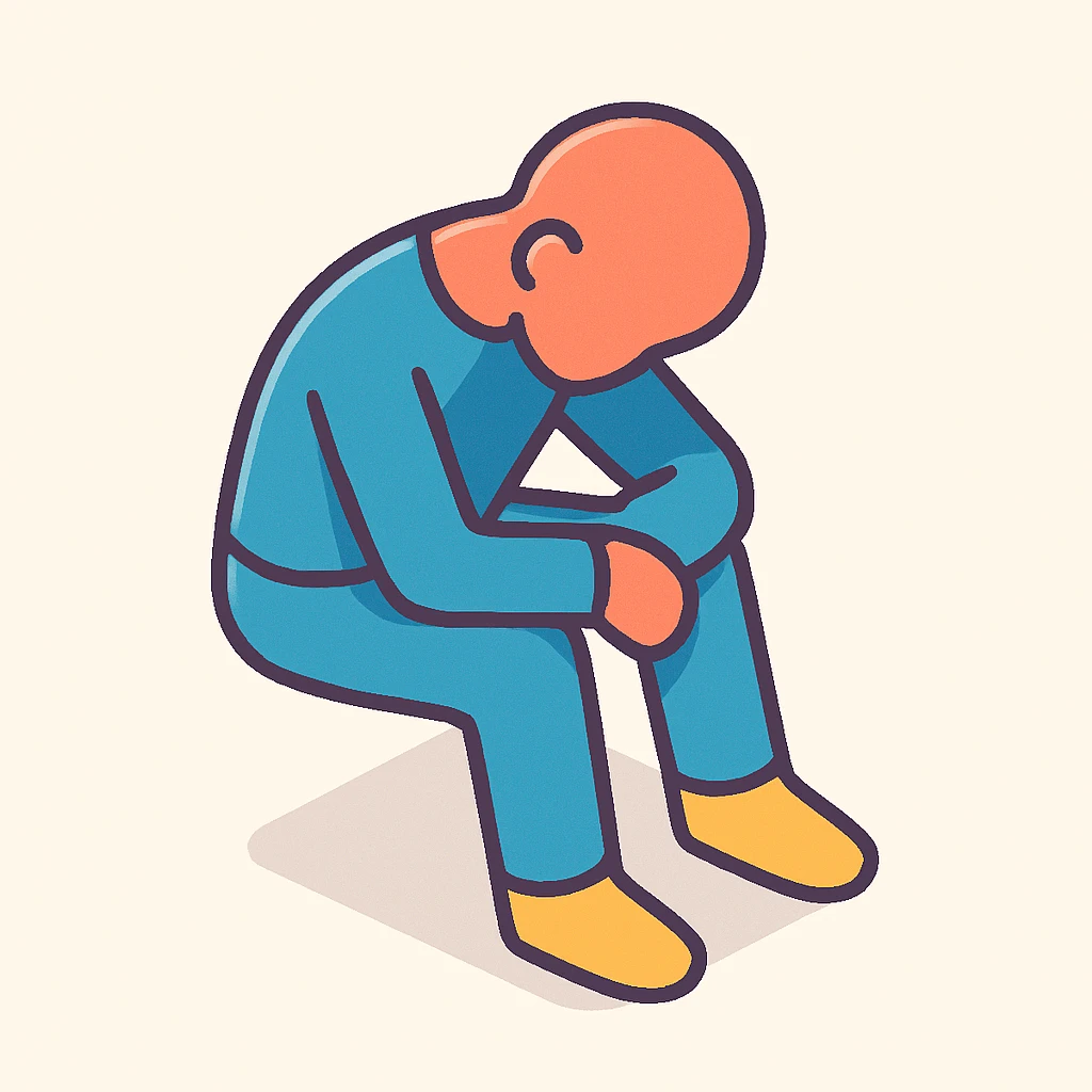 minimalist human silhouette without hair, sitting with head down, symbol of sadness or fatigue, 2D isometric style, very simple shape, clear shadows and highlights emoji