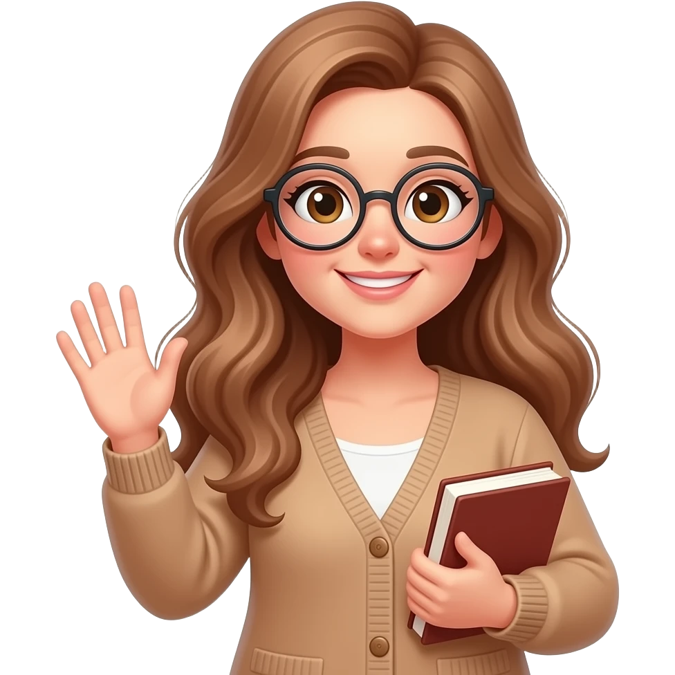 detailed emoji illustration of a curvy woman with long light brown wavy hair, light brown eyes and round glasses waving with one hand while holding a book in the other, wearing a light brown cardigan, friendly and cheerful expression, cute emoji style emoji
