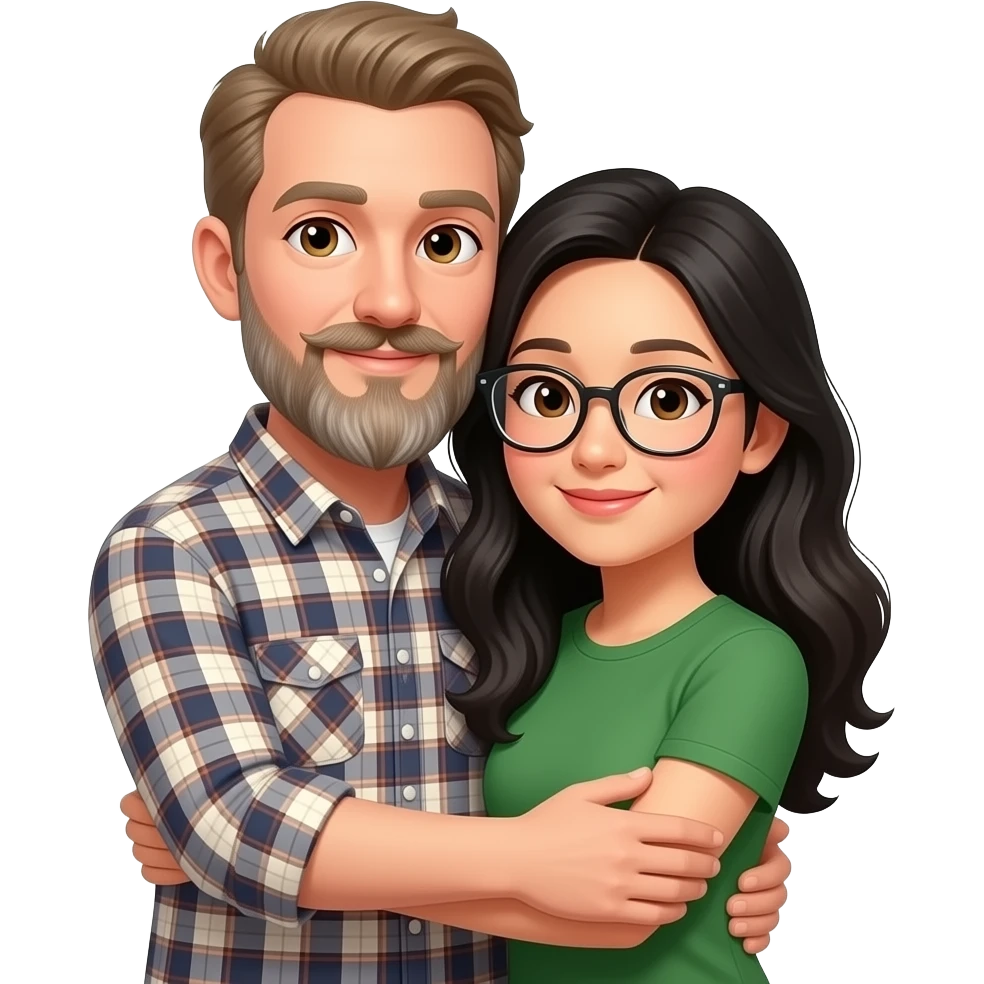 A slim white man with thinning light brown hair, hazel eyes, moustache and very long scraggly graying beard, wearing a plaid flannel long sleeve shirt, embracing a chinese woman with long black wavy hair, brown eyes and glasses, wearing a green t-shirt emoji