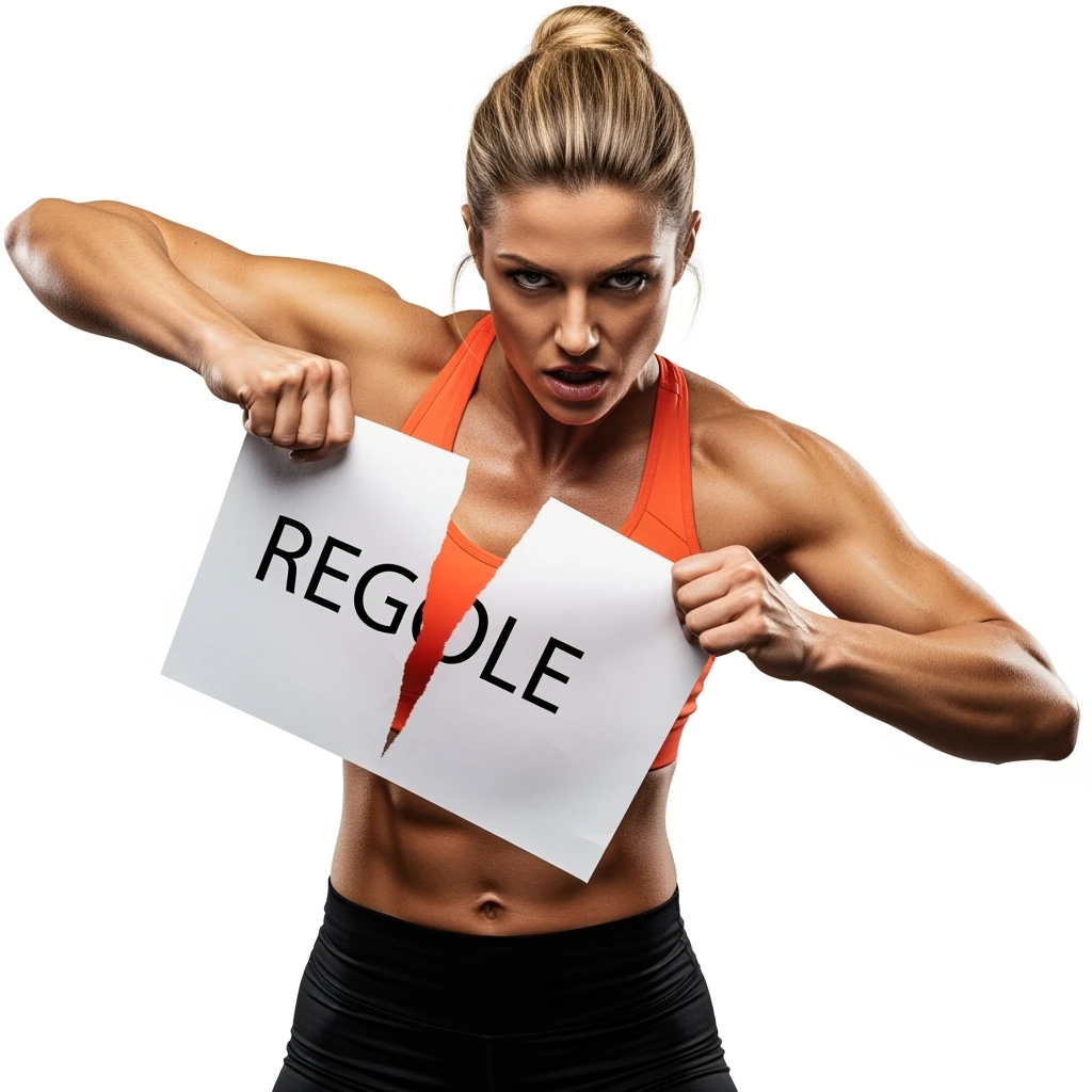 DONNA FITNESS CHE STRAPPA UN FOGLIO CON LA SCRITTA "REGOLE", IPERREALISTICA 4K, SENZA SFONDO emoji