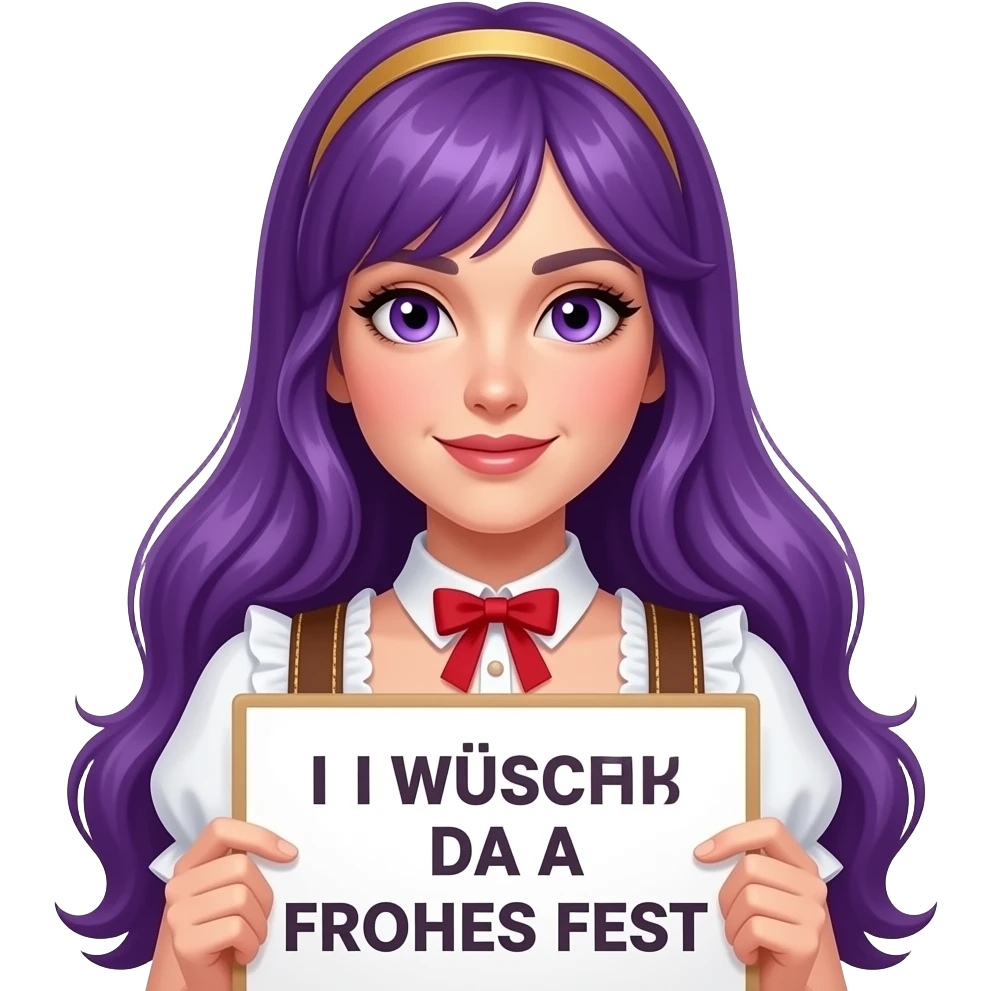 sexy girl with long purple hair and purple eyes wearing a dirndl holding a I WÜNSCH DA A FROHES FEST sign emoji