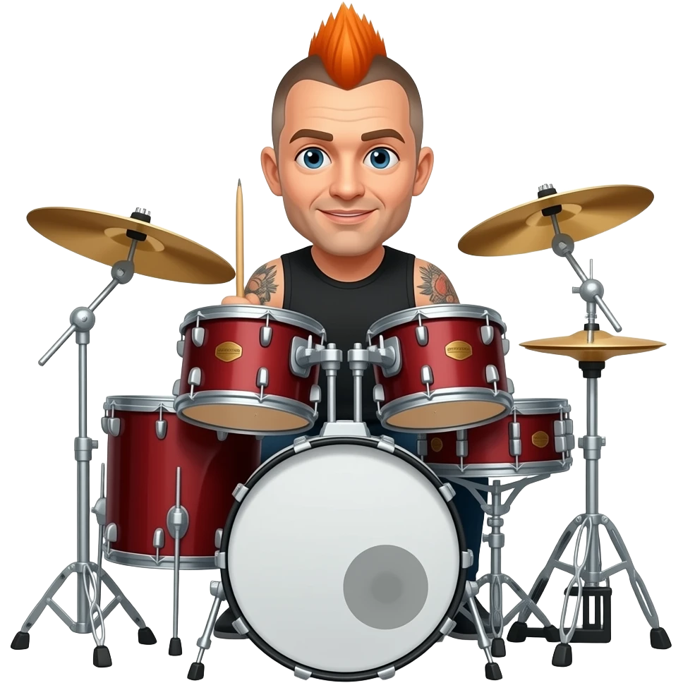 A drummer emoji of a man with orange Mohawk But make him lighter skin with sleeve of tattoos emoji