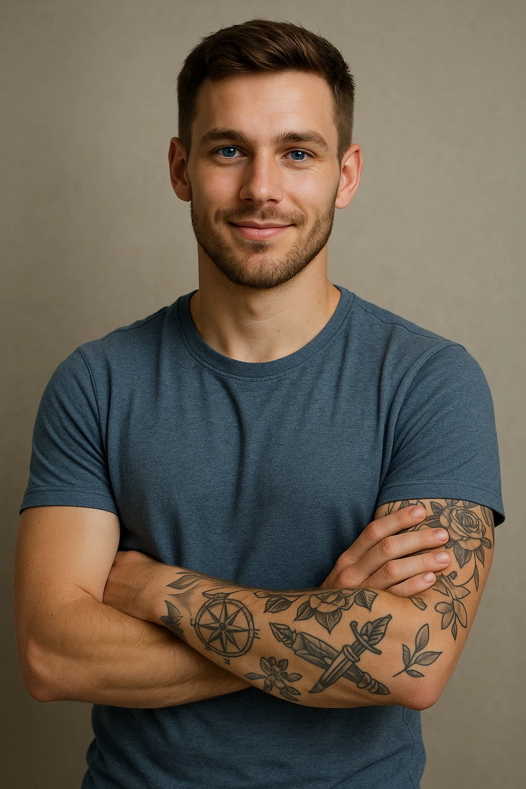 A 25-year-old man with blue eyes, brown hair, a short beard, arms crossed, smiling, showing tattoos on his left arm, confident look. emoji