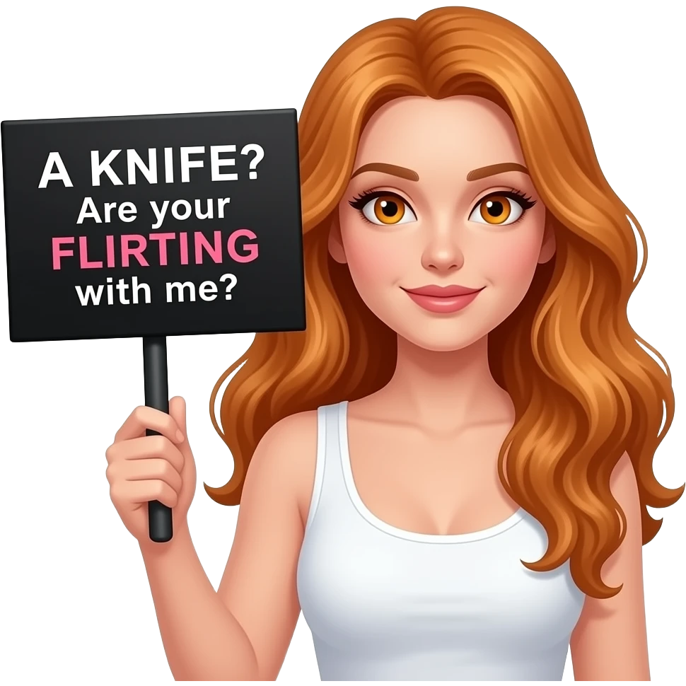 sexy girl with long wavy ginger hair and ginger eyes wearing a white tanktop is holding a black colored sign with A KNIFE? Are your FLIRTING with me? written on it emoji