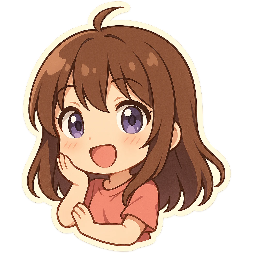 brunette anime girl with purple eyes, expressive faces, cute, vibrant colors, no background emoji
