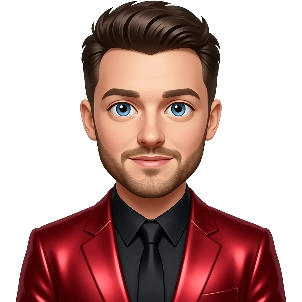 Sam Smith with blue eyes, dark brown hair and short beard, red metallic pop suit emoji