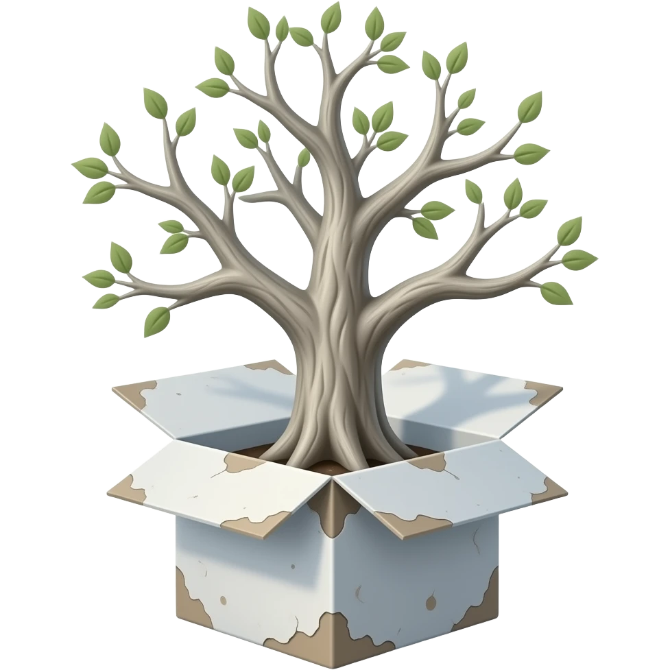 steampunk - white bare old tree grows from a dilapidated white box emoji