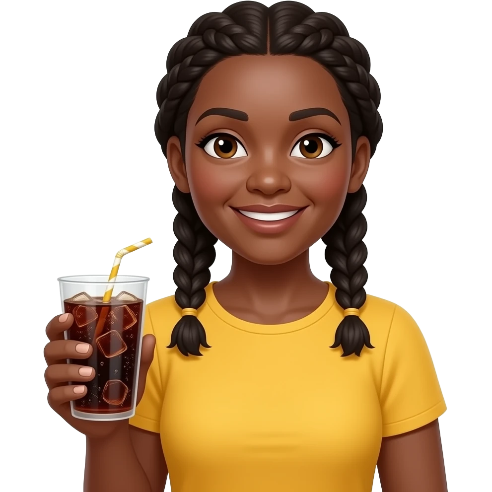 professional black woman in her 40s with hair braids wearing a yellow top and holding cup of soda emoji