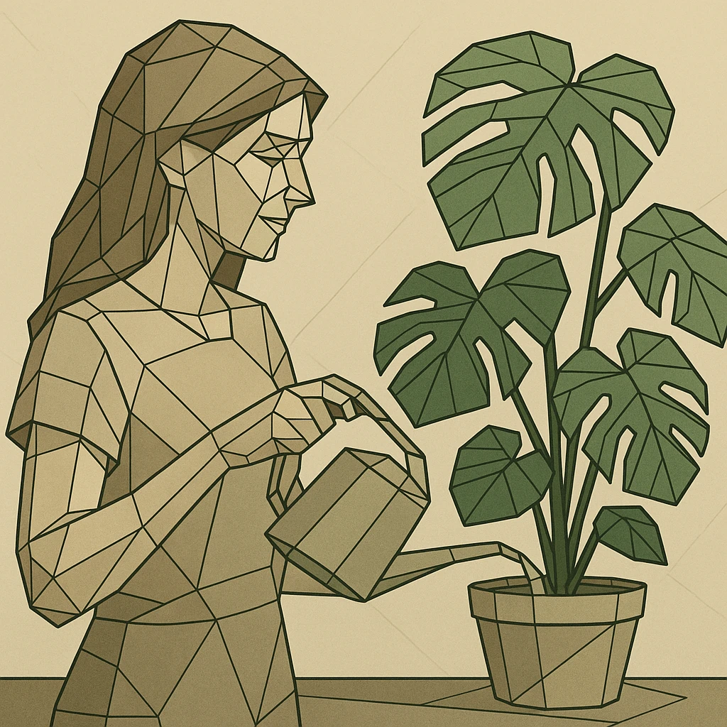 woman watering her monstera plant emoji