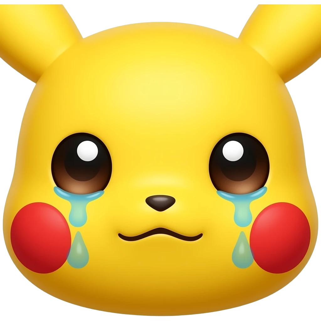 Close-up Pikachu face with emotional sad eyes, glossy cheeks, soft lighting, 3D emoji render emoji