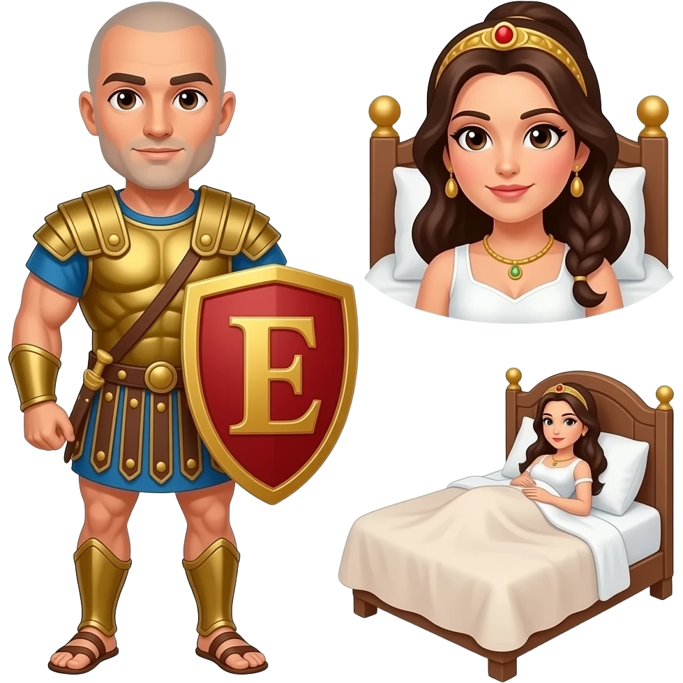 Muscular Roman soldier bald with brown eyes the Letter E on the shield with empress in bed with her bum emoji
