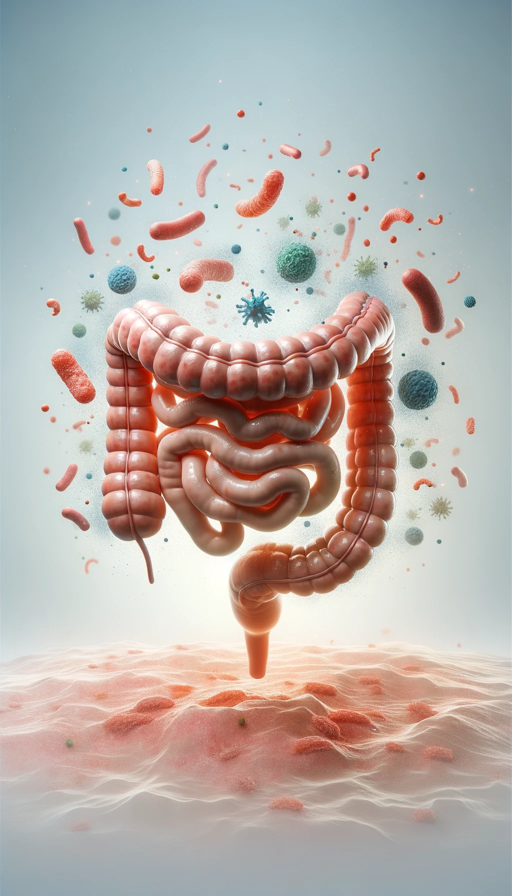 INTESTINO UMANO ANATOMICO FLUTTUA IN ARIA CON BATTERI CHE GLI FLUTTUANO INTORNO, SFONDO CHIARO emoji