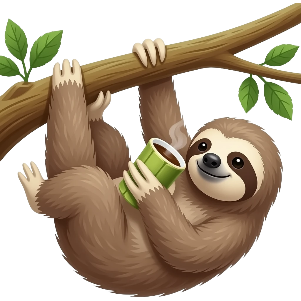 hanging sloth on big jungle tree branch drink coffee bamboo cup hanging emoji