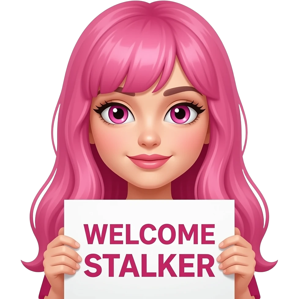 sexy girl with long pink hair and pink eyes wearing a holding a WELCOME STALKER sign emoji